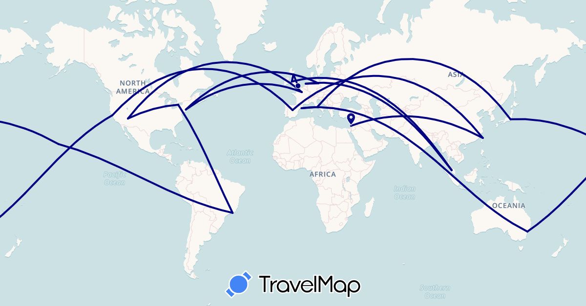 TravelMap itinerary: driving in Australia, Brazil, Germany, Spain, France, United Kingdom, Israel, Japan, Malaysia, Netherlands, Taiwan, United States, Vatican City (Asia, Europe, North America, Oceania, South America)